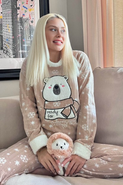 Acı Kahve Ready Bear Desenli Peluş Polar Pijama Takımı - Pijamaevi