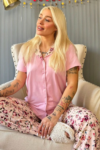 Açık Pembe Florado Exclusive Önden Düğmeli Kısa Kollu Kadın Pijama Takımı - Pijamaevi
