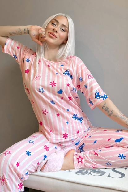 Açık Pembe Kurdele Baskılı Kısa Kollu Kadın Pijama Takımı - Pijamaevi