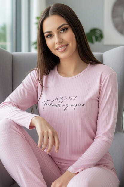 Açık Pembe Ready Desenli Uzun Kollu Dublin Örme Kadın Pijama Takımı - Pijamaevi