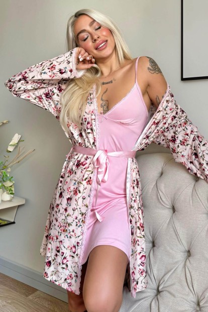 Açık Pembe Svila Exclusive Örme Sabahlıklı Gecelik Kadın Pijama Takımı - Pijamaevi