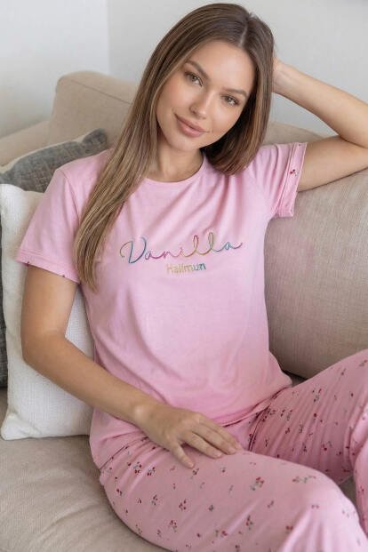 Açık Pembe Vanilla Desenli Bambu Kısa Kol Kadın Pijama Takımı - Pijamaevi
