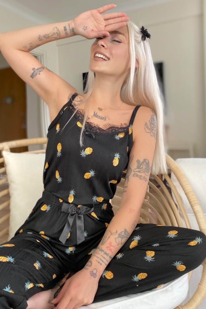 Ananas Baskılı Dantelli İp Askılı Örme Kadın Pijama Takımı - Pijamaevi
