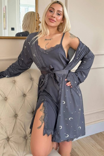 Anthracite Moon Desenli Sabahlıklı Gecelik Kadın Pijama Seti - Pijamaevi