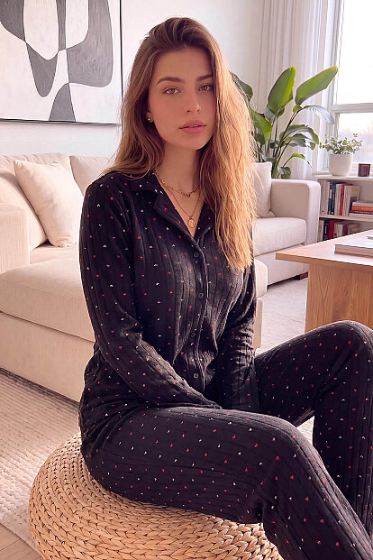 Antrasit Jantung Desenli Önden Düğmeli Peluş Polar Pijama Takımı - Pijamaevi
