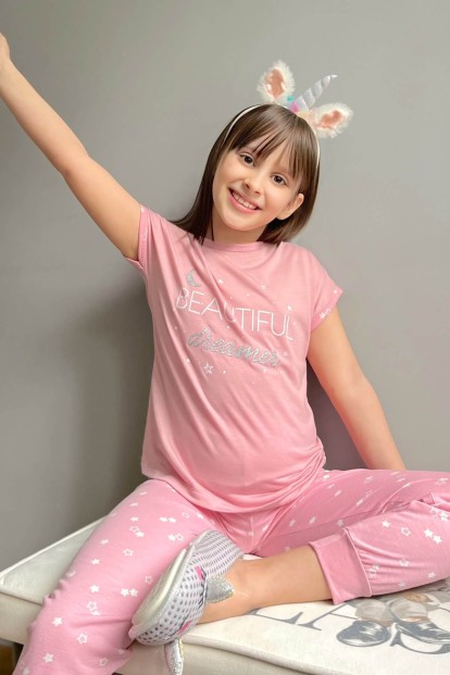 Beautiful Dreamer Baskılı Kısa Kollu Kız Çocuk Pijama Takımı - Pijamaevi