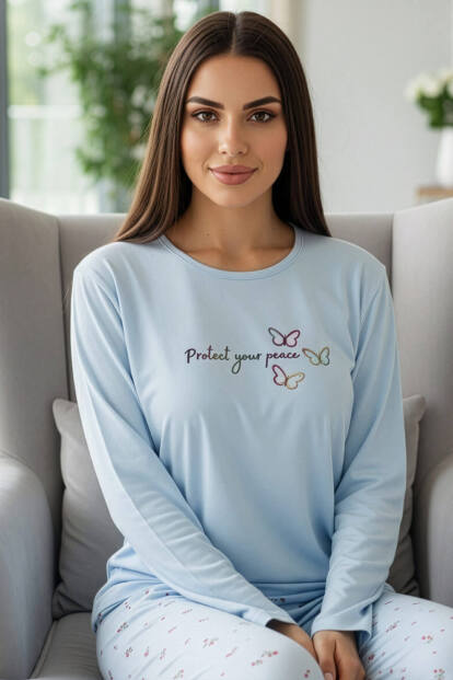 Bebe Mavi Peace Desenli Uzun Kollu Bambu Örme Kadın Pijama Takımı - Pijamaevi