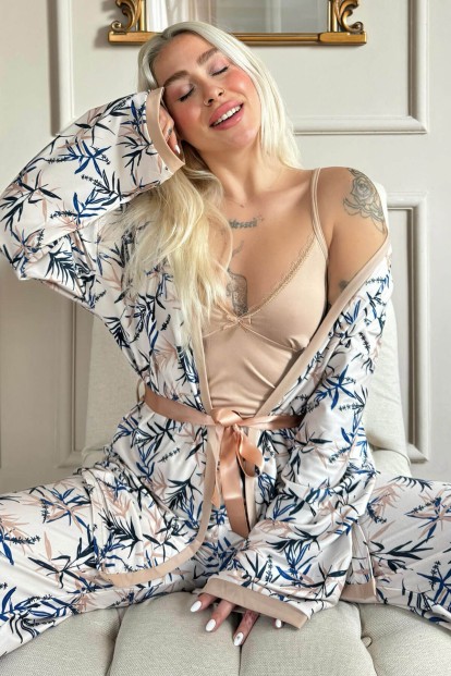 Bej Flore Exclusive Örme Sabahlıklı Kadın Pijama Takımı - Pijamaevi