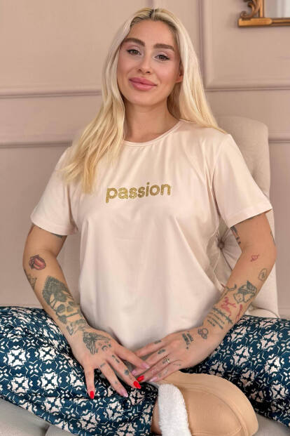 Bej Passion Desenli Kısa Kollu Örme Kadın Pijama Takımı - Pijamaevi