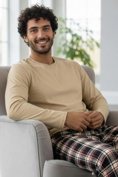 Bej Stylish Erkek Uzun Kol Pijama Takımı - Pijamaevi