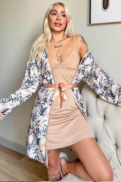 Bej Svila Exclusive Örme Sabahlıklı Gecelik Kadın Pijama Takımı - Pijamaevi