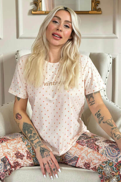 Bej Vintage Desenli Kısa Kollu Örme Kadın Pijama Takımı - Pijamaevi
