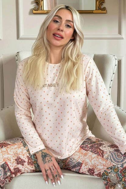 Bej Vintage Desenli Uzun Kollu Bambu Örme Kadın Pijama Takımı - Pijamaevi