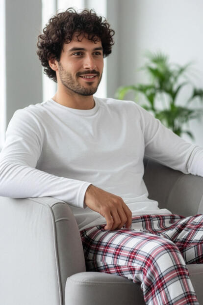 Beyaz Stylish Erkek Uzun Kol Pijama Takımı - Pijamaevi