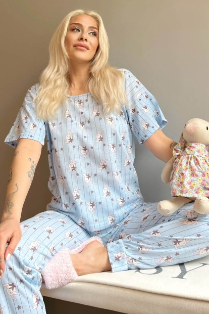 Blue Rabbit Baskılı Kısa Kollu Kadın Pijama Takımı - Pijamaevi