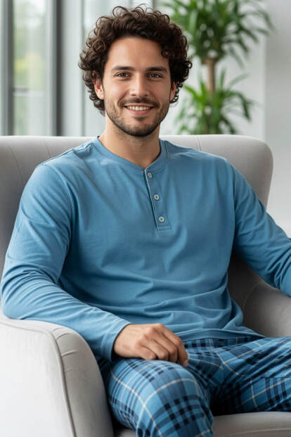 Blue Stylish Erkek Uzun Kol Pijama Takımı - Pijamaevi