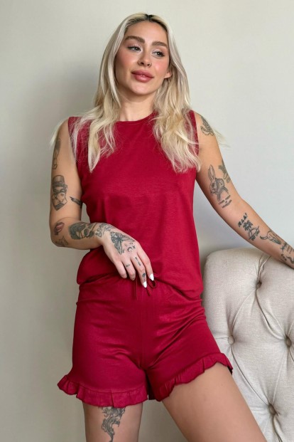 Bordo Basic Kolsuz Askılı Şortlu Kadın Pijama Takımı - Pijamaevi