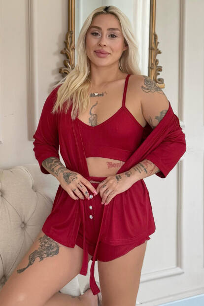 Bordo Dublin Büstiyerli Sabahlıklı Kadın Pijama Takımı - Pijamaevi
