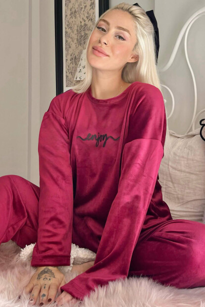 Bordo Enjoy Desenli Exclusive Kadife Kadın Pijama Takımı  - Pijamaevi