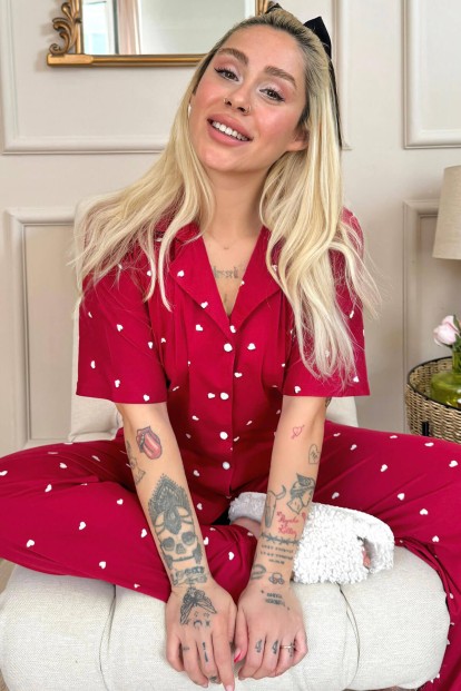 Bordo Heart Desenli Bambu Önden Düğmeli Kısa Kol Pijama Takımı - Pijamaevi