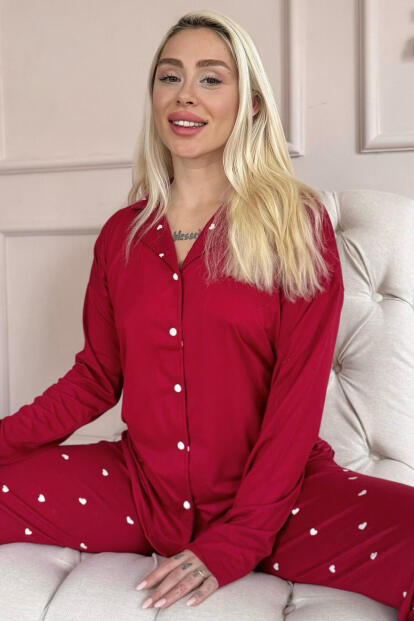 Bordo Heart Desenli Bambu Önden Düğmeli Uzun Kol Kadın Pijama Takımı - Pijamaevi
