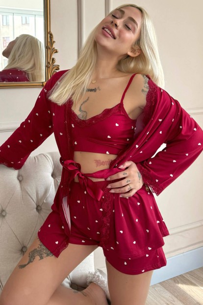 Bordo Kalp Desenli Bambu Crop Sabahlıklı Şortlu Kadın Pijama Takımı - Pijamaevi