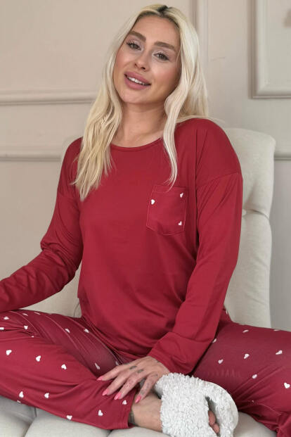 Bordo Kalp Desenli Bambu Uzun Kol Kadın Pijama Takımı - Pijamaevi