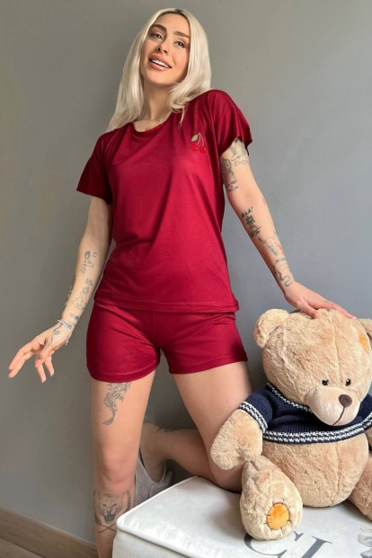 Bordo Kiraz Nakışlı Örme Şortlu Kadın Pijama Takımı - Pijamaevi