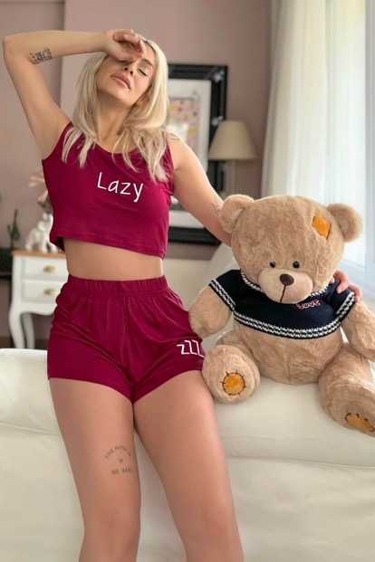 Bordo Lazy Baskılı Crop Örme İp Askı Şortlu Pijama Takımı - Pijamaevi