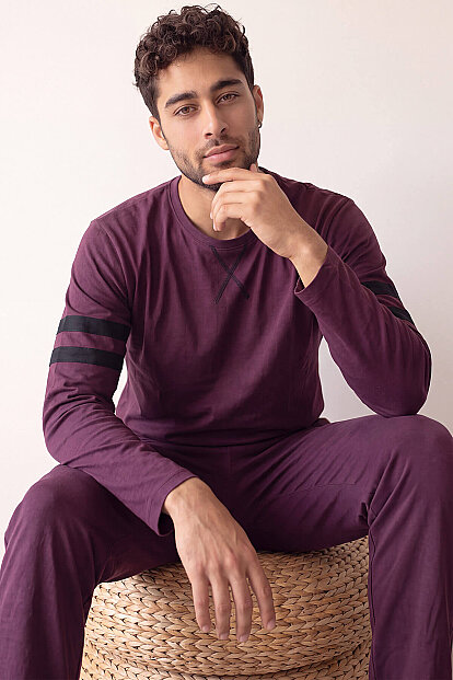 Bordo Line Desenli Stylish Erkek Uzun Kol Pijama Takımı - Pijamaevi
