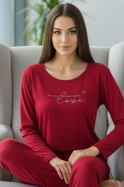 Bordo Love Desenli Uzun Kollu Dublin Örme Kadın Pijama Takımı - Pijamaevi
