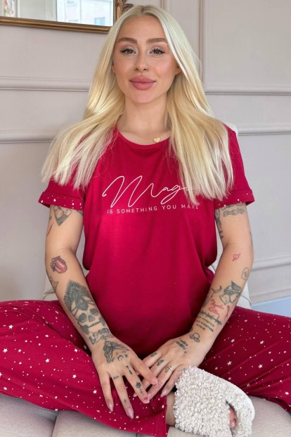Bordo Magic Desenli Bambu Kısa Kol Kadın Pijama Takımı - Pijamaevi