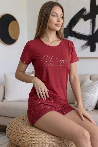 Bordo Magic Desenli Bambu Kısa Kol Şortlu Kadın Pijama Takımı - Pijamaevi