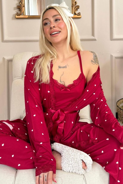 Bordo Mini Kalp Desenli Bambu Sabahlıklı Kadın Pijama Takımı - Pijamaevi