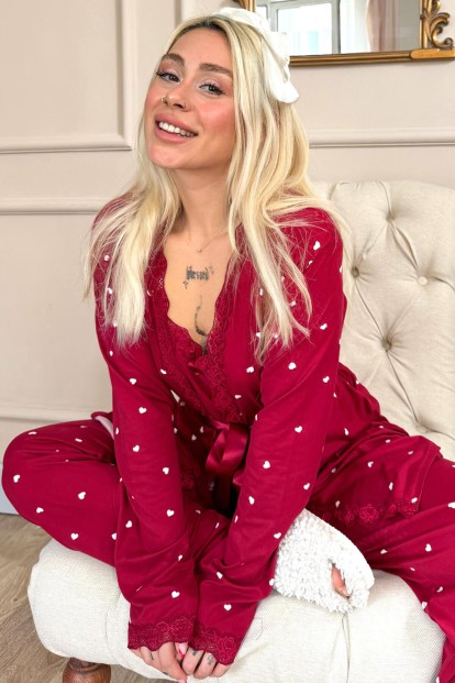 Bordo Mini Kalp Desenli Bambu Sabahlıklı Kadın Pijama Takımı - Pijamaevi (1)