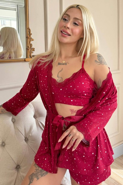 Bordo Mini Stars Desenli Bambu Crop Sabahlıklı Şortlu Kadın Pijama Takımı - Pijamaevi