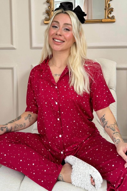 Bordo Mini Yıldız Desenli Bambu Önden Düğmeli Kısa Kol Pijama Takımı - Pijamaevi