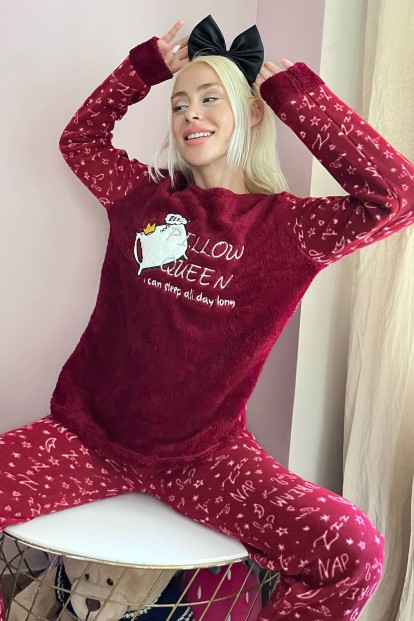 Bordo Pillow Desenli Kadın Peluş Pijama Takımı - Pijamaevi