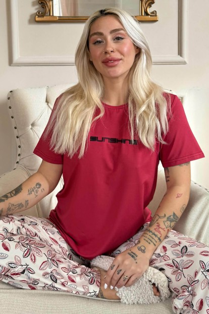 Bordo SunShine Desenli Kısa Kollu Örme Kadın Pijama Takımı - Pijamaevi