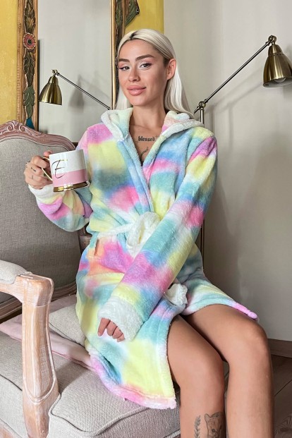 Çok Renkli Soft Desenli Peluş Polar Kadın Sabahlık - Pijamaevi