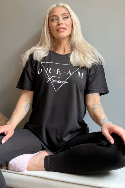 Dream Forever Baskılı Örme Kısa Kollu Taytlı Pijama Takımı - Pijamaevi