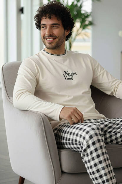 Ekru Night Stylish Erkek Uzun Kol Pijama Takımı - Pijamaevi