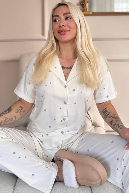 Ekru Twilight Glow Desenli Bambu Önden Düğmeli Kısa Kol Pijama Takımı - Pijamaevi