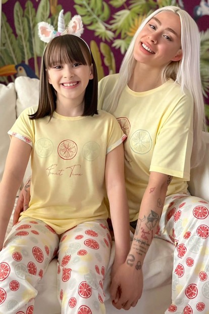 Fruit Time Baskılı Kısa Kollu Anne Kız Kombin Pijama Takımı - Pijamaevi