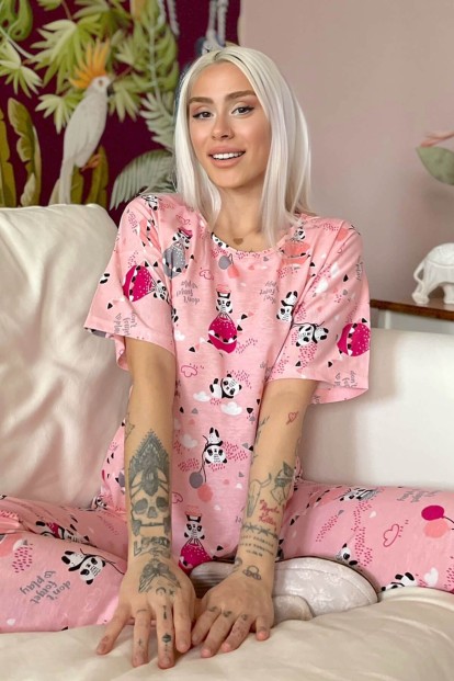 Fuchsia Panda Baskılı Kısa Kollu Kadın Pijama Takımı - Pijamaevi