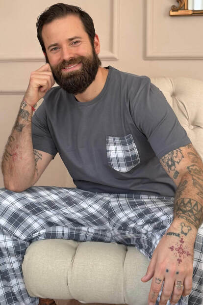 Füme Ekose Cep Detay Kısa Kollu Erkek Pijama Takımı - Pijamaevi