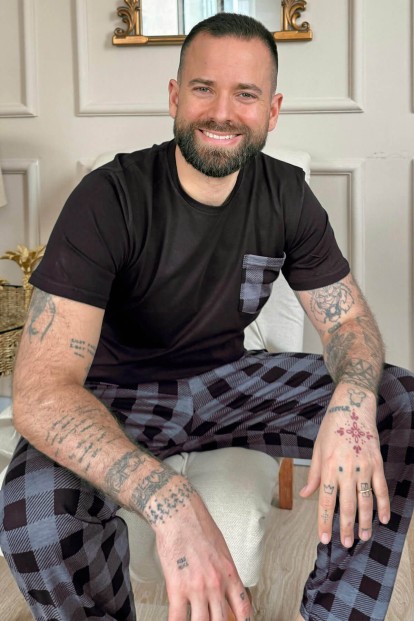 Füme Siyah Ekose Cep Detay Kısa Kollu Erkek Pijama Takımı - Pijamaevi