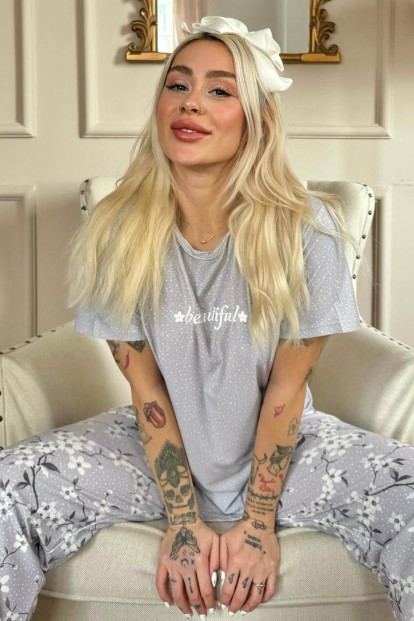 Gri Beautiful Desenli Kısa Kollu Örme Kadın Pijama Takımı - Pijamaevi