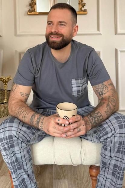 Gri Füme Cep Detay Ekose Kısa Kollu Erkek Pijama Takımı - Pijamaevi