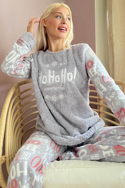 Gri Hoho Desenli Kadın Peluş Pijama Takımı - Pijamaevi
